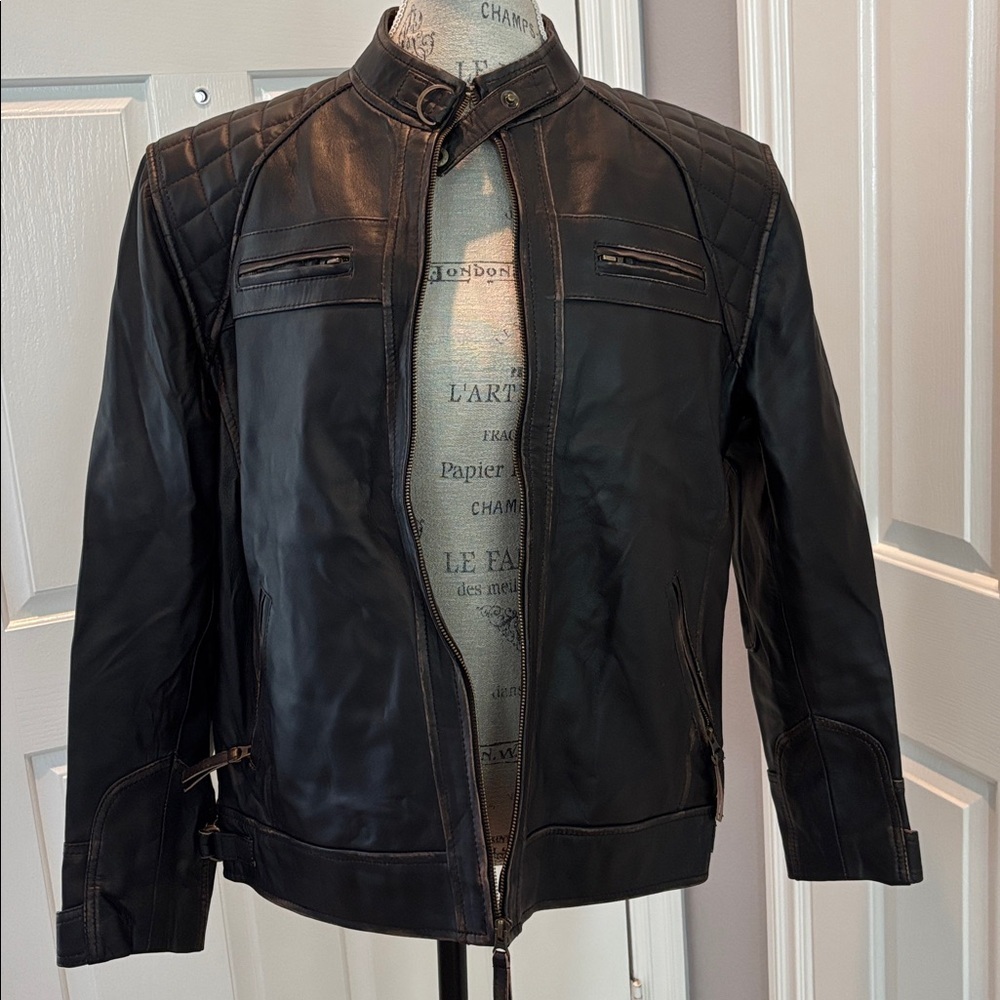 Black/Brown Vintage Look Fitted Leather Jacket With Brown Lining
